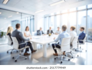 Office blur meeting room blurred background of blurry boardroom presentation with work desk for business discussion, corporate conference, enterprise seminar.Suitable for corporate and business themes