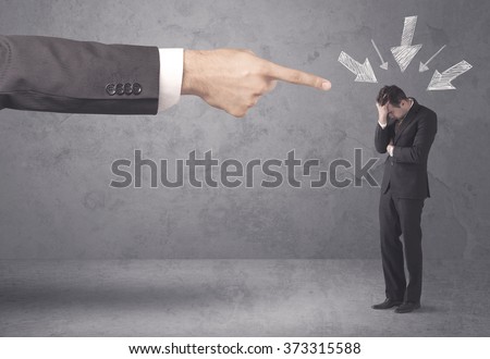 An office boss blaming young amateur and beginner business person with big hand, drawn arrows pointing at him concept