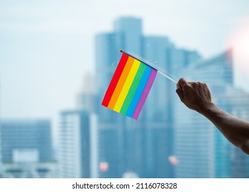 Office Building Background With A Rainbow Gay Pride Flag On The Senior Man's Hand In The Business Office