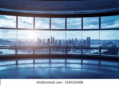 Office building glass and city skyline