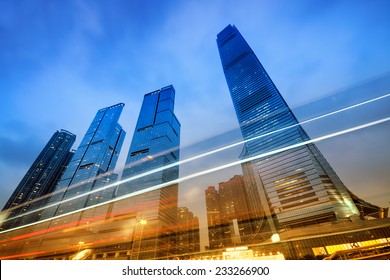 Office Buildings (International Commerce Centre) At Night In Hong Kong, China. 