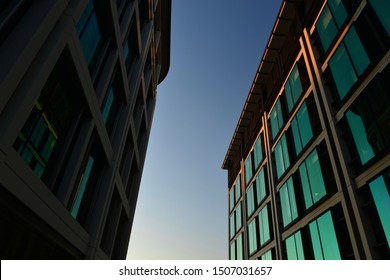 Office buildings, Jersey, U.K. Generic architecture at sunset.