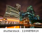 Office buildings at night in Canary Wharf, London