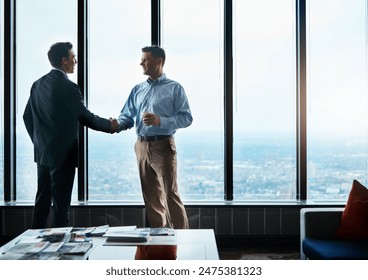 Office, business people and handshake for partnership, agreement or teamwork in corporate project. Boardroom, professional career and lawyers for collaboration, case deal or shaking hands in law firm