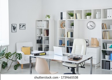 Büro für Geschäftsleute mit Schreibtisch, Sessel für professionelle Gäste, Stuhl für Kunden, Regale, Uhr, grüne Pflanze und zwei Bilder an der Wand