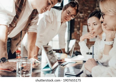 Office Business Teamwork Concept. Video Call Meeting Using Tablet Computer With All Department