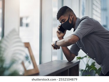 Office, businessman and phone call with watch for time management, meeting schedule or networking. Career, worker or check clock with mobile for talking, contact or deadline with face mask for safety - Powered by Shutterstock