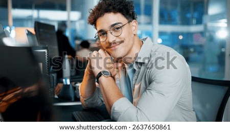 Office, businessman and portrait with computer for programming, web development deadline or smile. Professional career, night and male programmer with tech for coding, software update and information