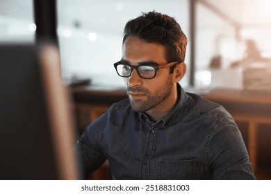 Office, businessman and thinking with computer for solution, planning and research for company page. Professional career, web designer and thoughts with digital for software, design layout and ideas - Powered by Shutterstock