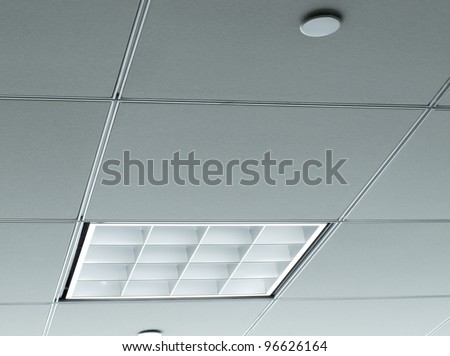 Office ceiling with white fluorescent fixture near window
