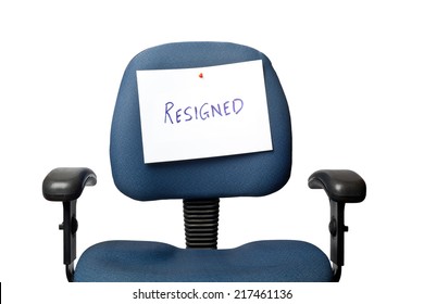 Office chair with a RESIGNED sign isolated on white background 