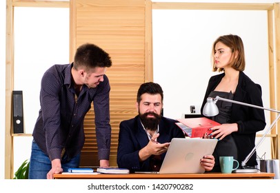 Office Collective Concept. Coworkers Communicate Solving Business Tasks. Working Together. Working Process. Business Meeting. Female Small Minority. Woman Attractive Lady Working With Men Colleagues.