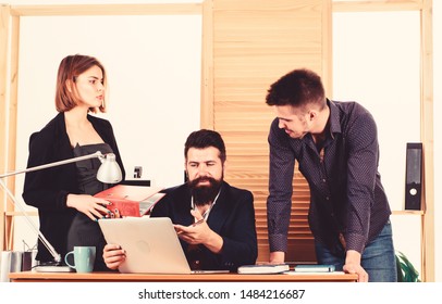 Office Collective Concept. Coworkers Communicate Solving Business Tasks. Working Together. Working Process. Business Meeting. Female Small Minority. Woman Attractive Lady Working With Men Colleagues.