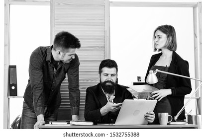 Office Collective Concept. Coworkers Communicate Solving Business Tasks. Working Together. Working Process. Business Meeting. Female Small Minority. Woman Attractive Lady Working With Men Colleagues.