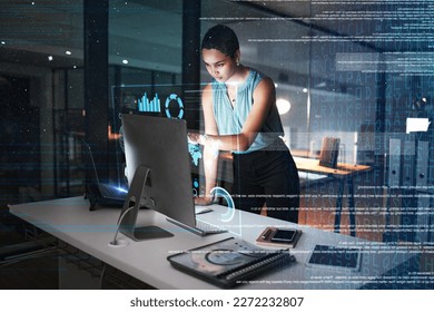 Office computer, hologram or night person reading future administration dashboard, research chart or ui software. Digital transformation, cloud computing overlay and black woman work on data analysis - Shutterstock ID 2272232807