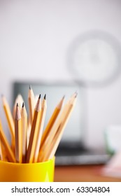 Office Concept With Different Pencils In Close Up, Selective Focus On Nearest