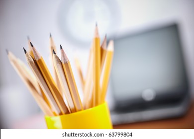 Office Concept With Different Pencils In Close Up, Selective Focus On Nearest, Shallow Depth Of Field