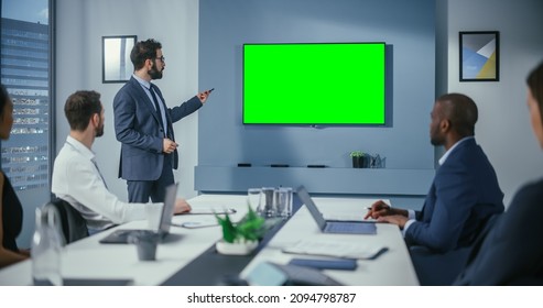 Office Conference, Meeting Presentation: Digital Startup Entrepreneurs Talks, Uses Green Screen Chroma Key Wall TV. Successfully Presenting E-Commerce Product To Group Of Multi-Ethnic Investors