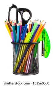 Office Cup Scissors Pencils Pens Isolated Stock Photo 131560580 ...