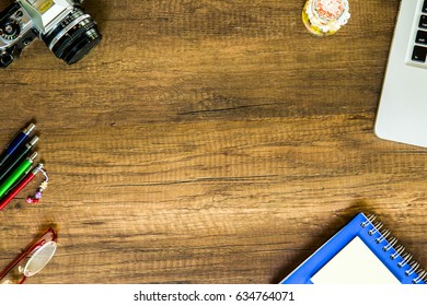 Office Deck Top View With Office Accessory Background On Wooden Table Texture 