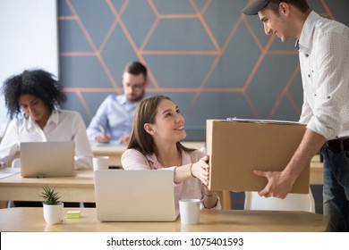 Office Delivery Service Concept, Millennial Woman Receiving Box From Courier Holding Package Delivering To Customer At Work, Smiling Employee Or Happy Worker Accepting Postal Parcel At Workplace