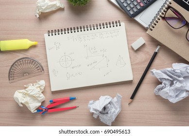 Office Desk Or Classroom Table With Laptop Computer,notebook, Pencil, Calculator, Math Concept, Top View With Copy Space.