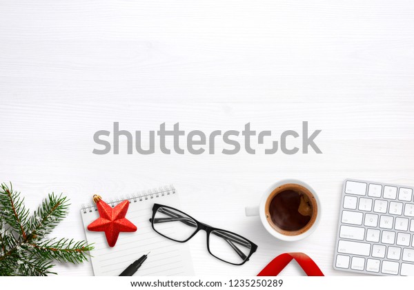 Office Desk Composition Supplies Christmas Decorations Stock Image
