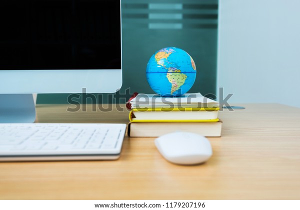 Office Desk Computer Globe Stock Photo Edit Now 1179207196