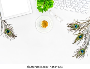 Office Desk With Keyboard, Tablet Pc, Coffee, Green Plant. Creative Workplace Mockup