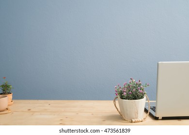 Office Desk With Pink Rose Flower And Euphorbia Milii Flower On Terracotta Flowerpot And Back Screen Laptop, Blue Concrete Wall And View From Front Desk.