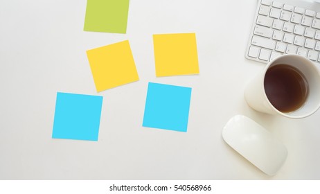 Office Desk Table  With Coffee Top View Post It