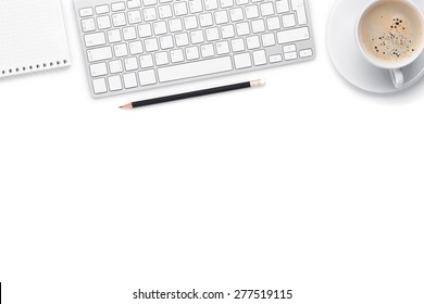 Office Desk Table With Computer, Supplies And Coffee Cup. Isolated On White Background