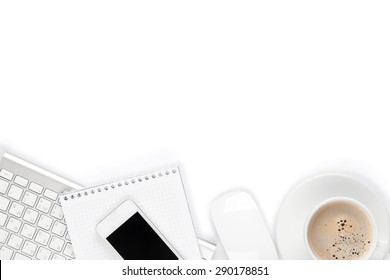 Office Desk Table With Computer, Supplies And Coffee Cup. Isolated On White Background