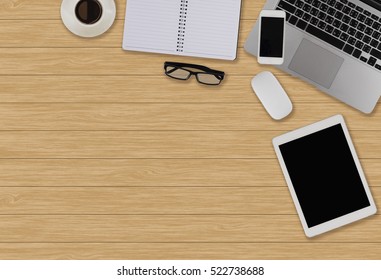 Office Desk Table With Computer, Supplies, Ipad,smartphone,coffee Cup On Wooden Background. Top View With Copy Space