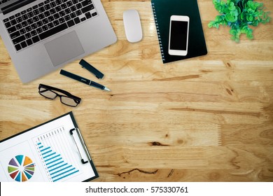 Office Desk Table With Computer, Supplies,analysis Chart, Ipad,smartphone,coffee Cup On Wooden Background. Top View With Copy Space