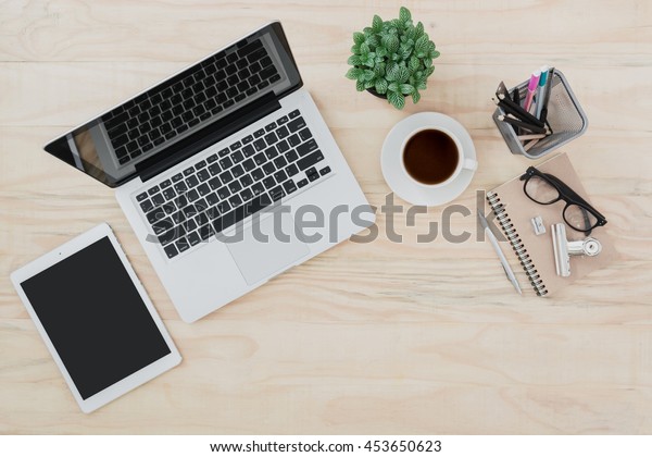 Office Desk Table Laptop Coffee Tablet Stock Photo (Edit Now) 453650623