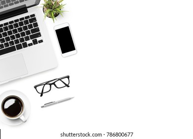 Office Desk Table With Laptop, Smart Phone, Cup Of Coffee And Supplies, Isolated On White Background. Top View With Copy Space, Flat Lay.