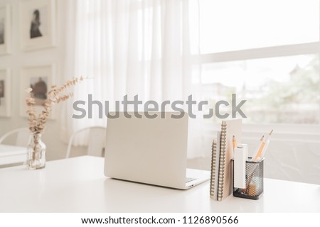 Office desk table with laptopcomputer, supplies with copy space