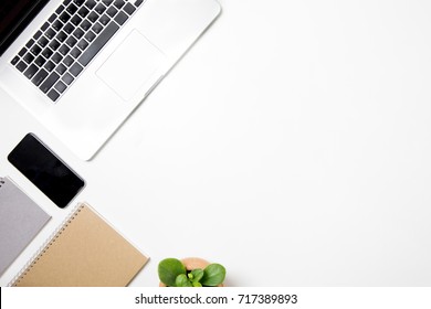 Office Desk Table Left Header Layout On Top Have Gadget Laptop Phone Isolated Book Contact Investor Call Connection Budget