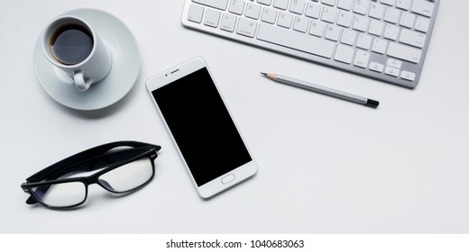 Office desk table with supplies. Flat lay Business workplace and objects. Top view. Copy space for text
