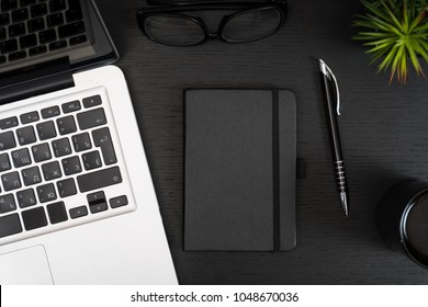 Office Desk Table With Supplies. Top View. Copy Space For Text