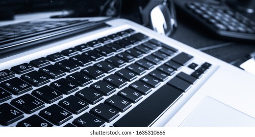 Office desk table with supplies. Top view. Copy space for text - Shutterstock ID 1635310666