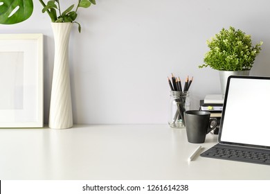 Office desk top table with office supplies, workspace and copy space - Shutterstock ID 1261614238