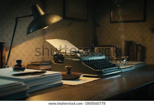 Office desk with vintage typewriter, 1950s film
noir style