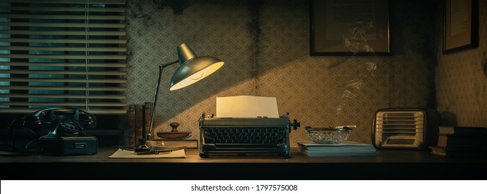 Office Desk With Vintage Typewriter And Blank Sheet, 1950s Film Noir Style