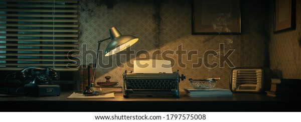 Office desk with vintage typewriter and blank\
sheet, 1950s film noir\
style