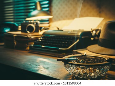 Office Desk With Vintage Typewriter, Cigarette And Ashtray, 1950s Film Noir Style