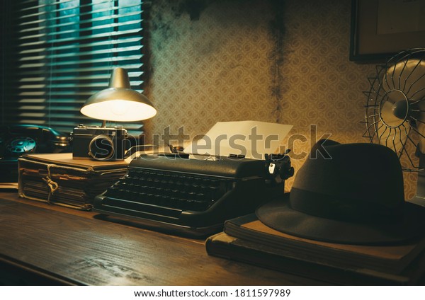 Office desk with vintage typewriter and fedora hat,\
1950s film noir style