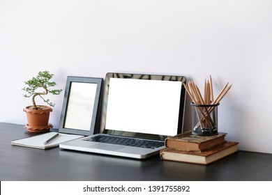 Office Desk And White Background, Workspace Desk And Blank Scree