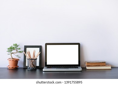 Office Desk And White Background, Workspace Desk And Blank Scree